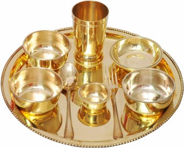 Dinnerware Plain brass traditional dinner set of thali plate bowl glass spoon