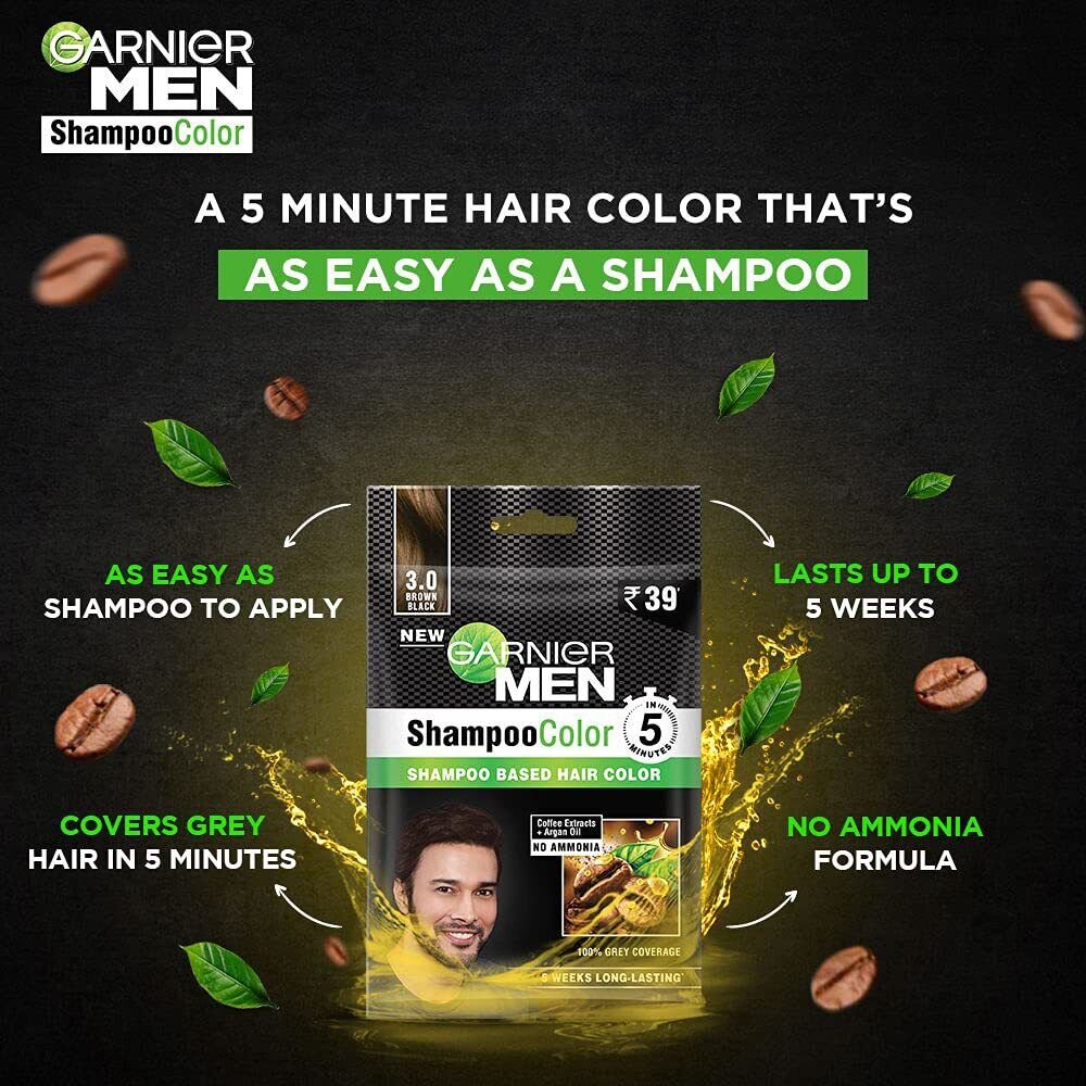 Garnier Men Shampoo Color Shade 3 Brown Black, 10ml+10ml (Pack of 1)