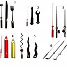 (5) Pr. Specialty Novelty Clock Hands /Crayons/DinnerWare/FishingPoles/Tools/Wavy (5) Pr. Specialty Novelty Clock Hands /Crayons/DinnerWare/FishingPoles/Tools/Wavy