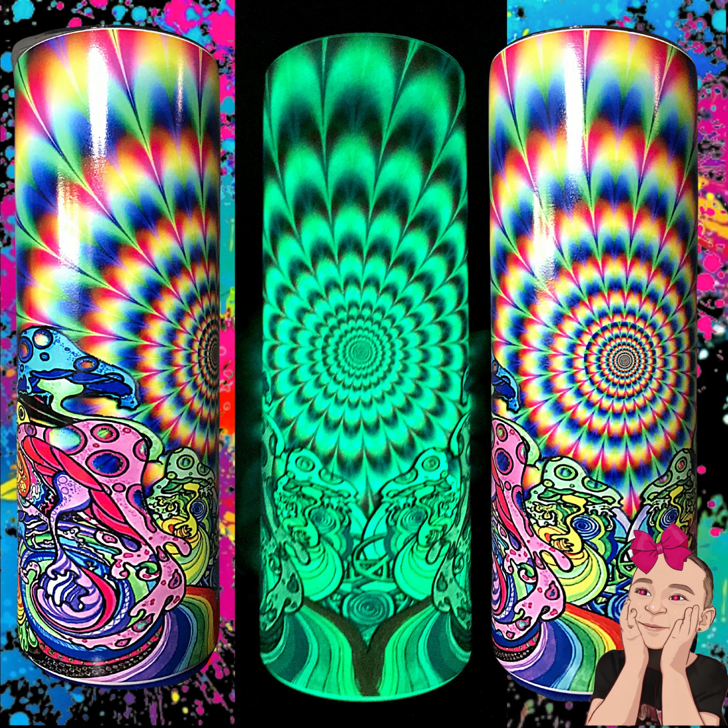 Psychedelic Rainbow Alien Woman Space Glow n Dark Green Red Blue Orange Exclusive Custom Tumbler