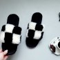 Checkered Furry slippers women Black and White Slides Christmas