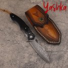 Folding Knife Damascus Steel Leather Scabbard Hunting Outdoor Camping Tool Black Folding Knife Damascus Steel Leather Scabbard Hunting Outdoor Camping Tool Black