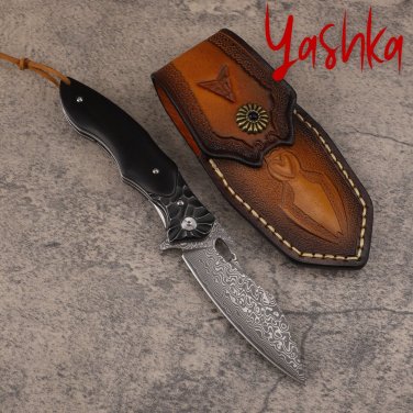 Folding Knife Damascus Steel Leather Scabbard Hunting Outdoor Camping Tool Black