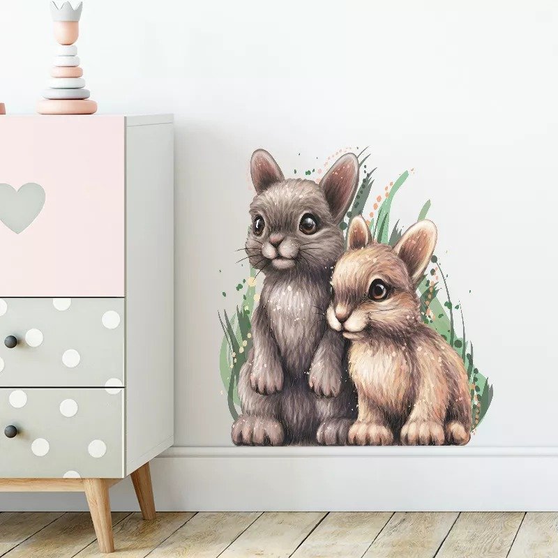 Wall sticker Colorful Rabbit two little hare bed room wall decor removable dining room multi color