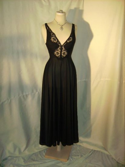 Vintage Olga Night Gown Black Bodysilk lingerie Mega Wide Skirt ...