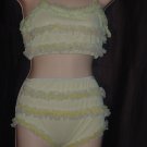 Vintage two piece ruffle baby doll pajama set green yellow Top panty 1950 1960  44