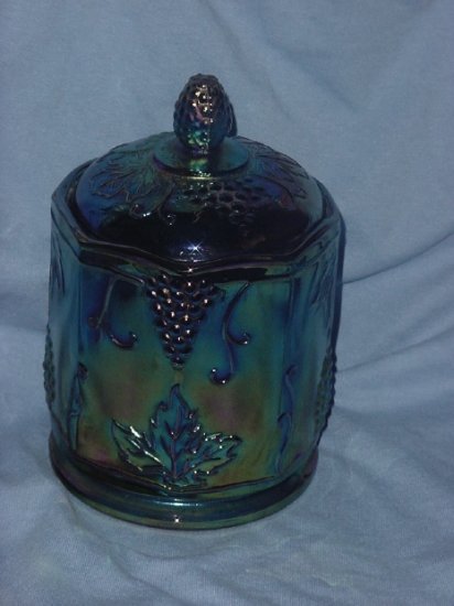 Vintage Blue Carnival glass canister candy jar