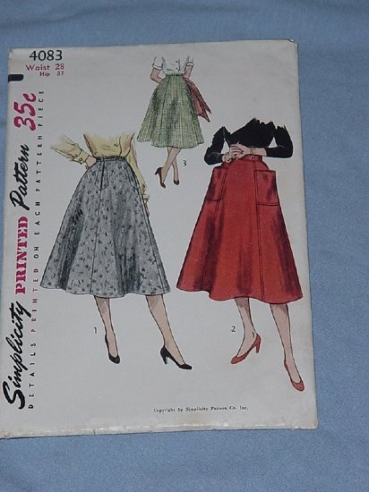 Simplicity Sewing Pattern 4083 Skirt 40s 50s Vintage gore skirt Waist ...