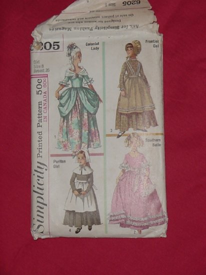 Simplicity printed pattern 6205 Girl size 8 colonial lady frontier gal puritan southern belle - 54