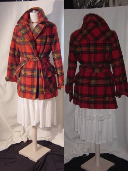 Plaid Fall Winter Jacket Womens Vintage Coat Belted 55