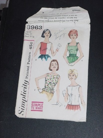 Simplicity Blouse Pattern 3963  HAS FLAW Piece missing Teen Jr. Size 11  Bust 31 1/2 No. 82