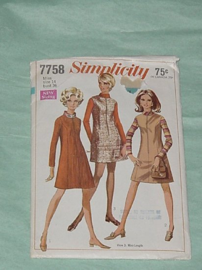 Simplicity 1968 Pattern 7758 Miss Size 14 bust 36 No, 30