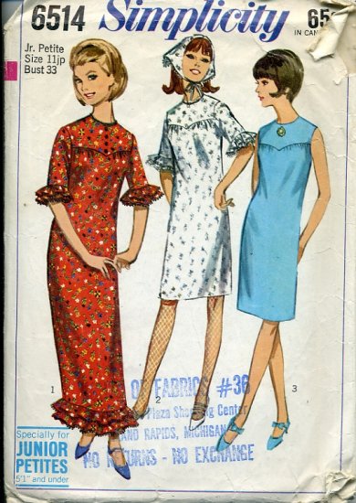 Simplicity Pattern 6514 Jr. Petite Size 11 Bust 33 dress two lengths No. 86