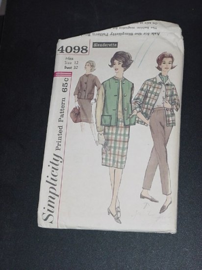 Simplicity Pattern Jacket sleeveless Jacket pants Skirt Miss Size 12 Bust 32 Pattern 4098  No. 31
