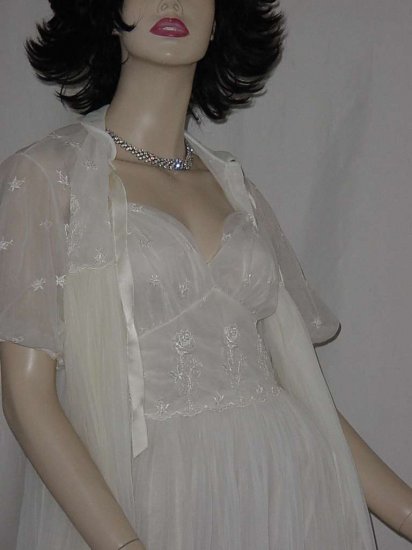 White Nightgown Peignoir Nightgown Set 1960s Lacy Sheer Top Nightgown