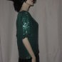 Teal green sequin beaded blouse pullover Medium Minor flaw No 111