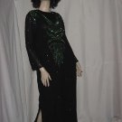 Black sequin dress Gunit black background green sequin design dress 1980s  No. 116