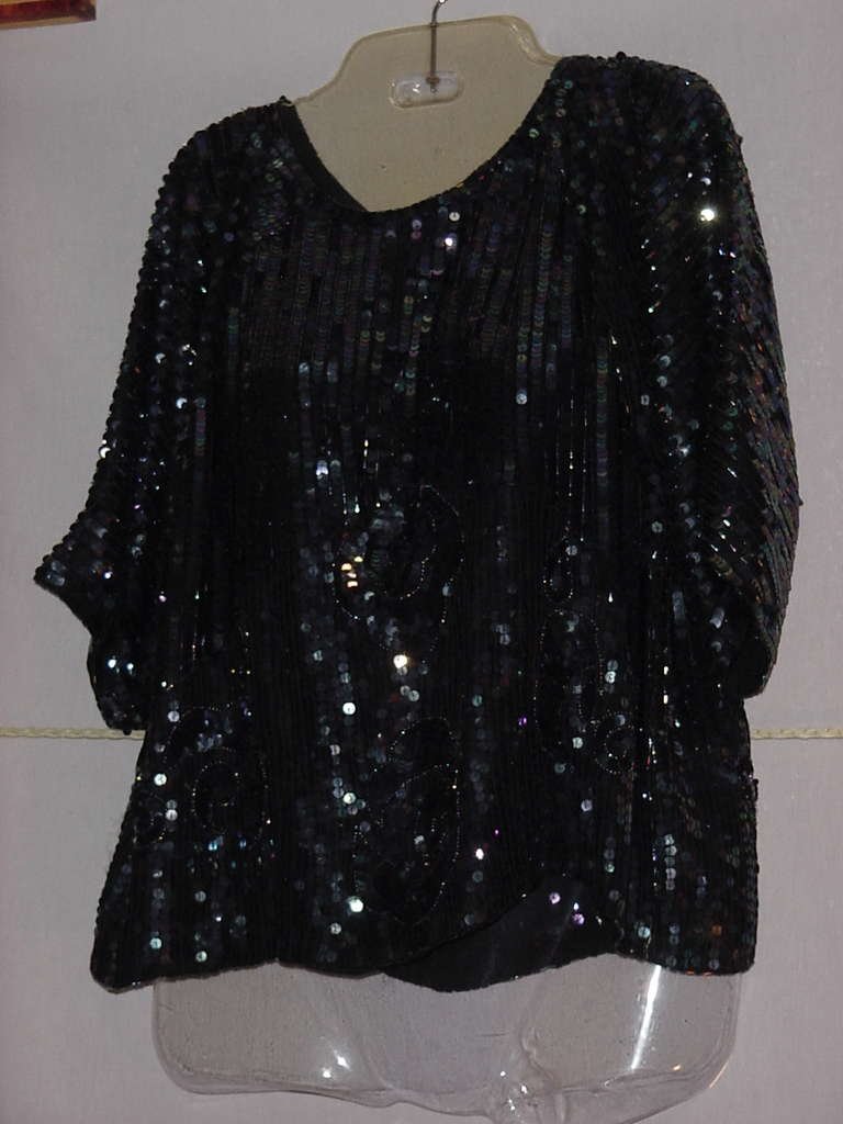 Vintage Black Iridescent Sequin Bead Blouse Top S 10 12
