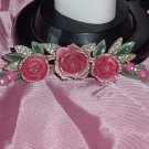 Rose Swag Vintage Pin Brooch Gold tone rhinestones leaves  No. 143