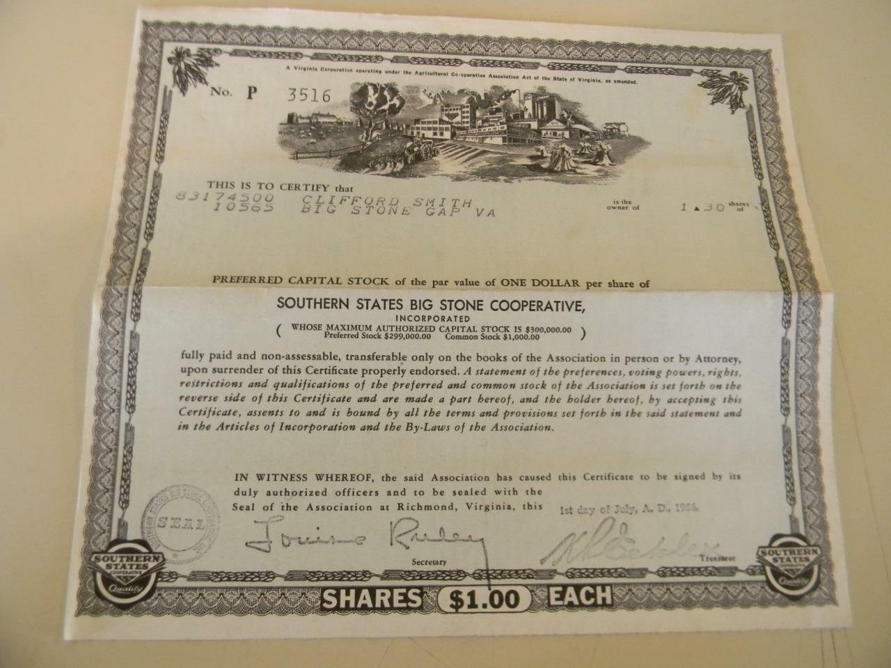1955 Southern States Big Stone Cooperative Stock Certificate Big Stone