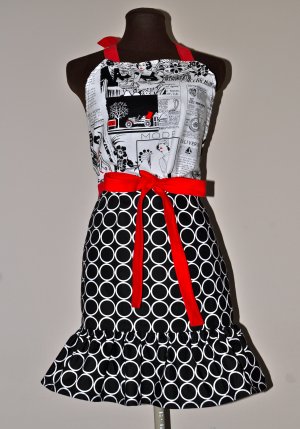 Gorgeous Retro Newspaper Print Ring Dot Apron with Red and Ruffles