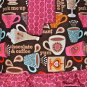 Gorgeous Coffee Tea Pattern Apron with Ruffled Square Neck and Pink Ruffles on Hem