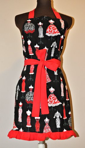 Gorgeous Black and Red Dress Pattern Apron with Ruffles