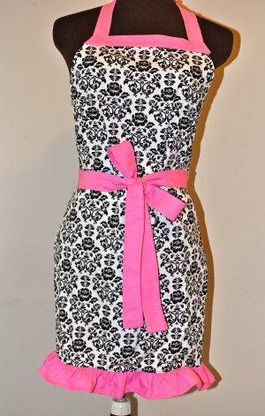 Stylish White & Black Damask Apron with a Touch of Pink and Ruffles