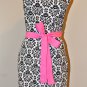 Stylish White & Black Damask Apron with a Touch of Pink and Ruffles