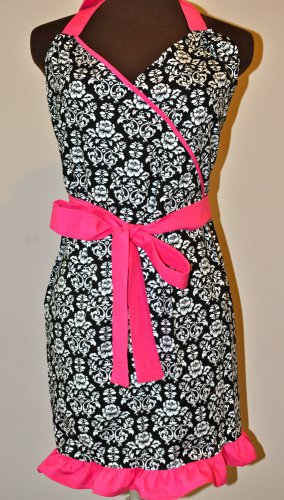 Stylish Black & White Damask Apron - Wrap Dress Style with a Touch of Pink and Ruffles