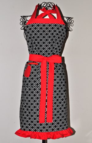 Stylish Patterned Apron with a Heart Pocket and a Touch of Red with Ruffles
