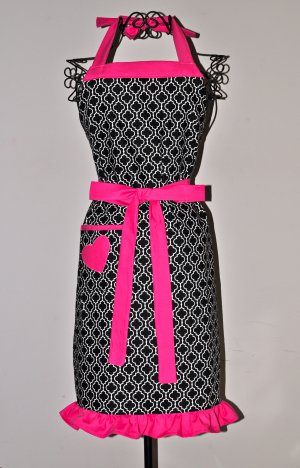 Stylish Patterned Apron with a Heart Pocket and a Touch of Pink with Ruffles