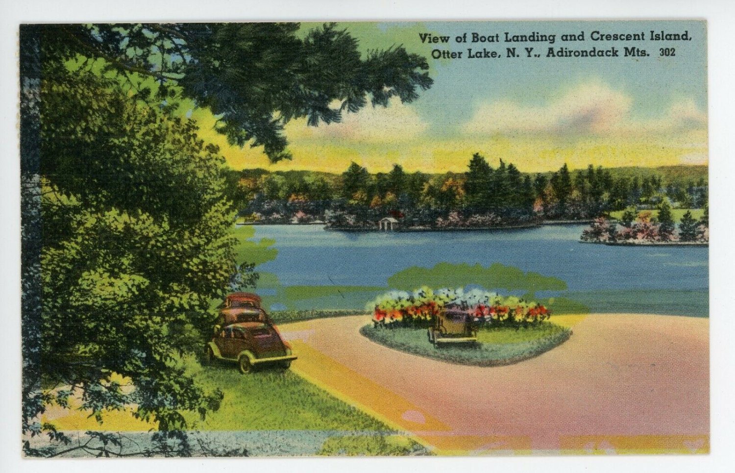 Postcard Otter Lake NY Adirondacks View Boat Landing Crescent Island