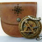 Vintage Nautical Brass Sundial Clock Pocket Compass Leather case FLAT EARTH Experiment PROOF