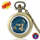 Vintage Pocket Watch Flat Earth Clock Unisex Women Bronze Pendant Necklace Chain