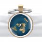 Flat Earth Pendant Key Chain Blue Bronze World Map Jewelry Keychain Glass Dome