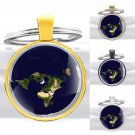 New Flat Earth Pendant Key Chain Dark Blue World Map Silver Jewelry Glass Charms