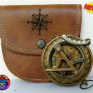 Vintage Nautical Brass Sundial Clock Pocket Compass Leather Case FLAT EARTH TEST