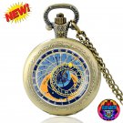 Vintage Prague Astronomical Old Clock Pocket Watch Unisex Bronze Pendant Necklace Chain Flat Earth