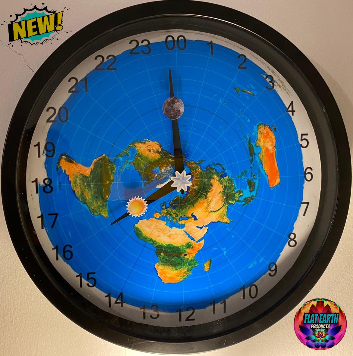 New V2 Flat Earth 24Hour Wall Clock 12in/30cm Azimuthal Full Day World