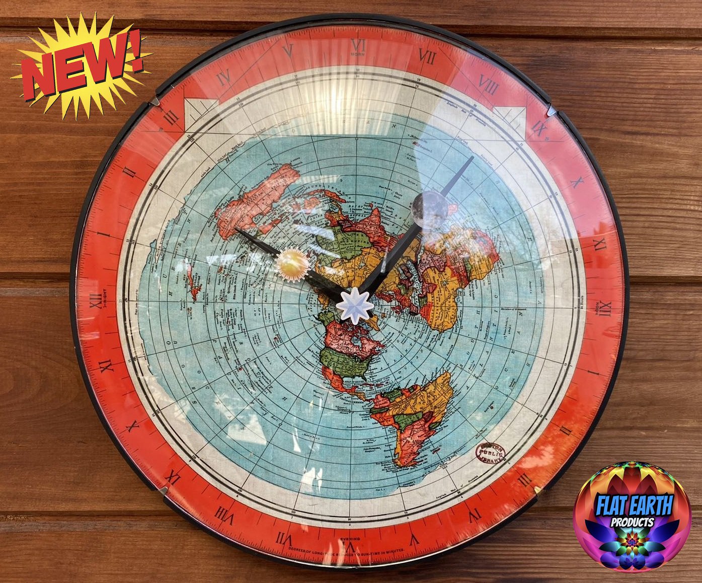 V3 Gleason's Flat Earth 24-Hour Wall Clock 12in/30cm Glass Dome 1892 World Map