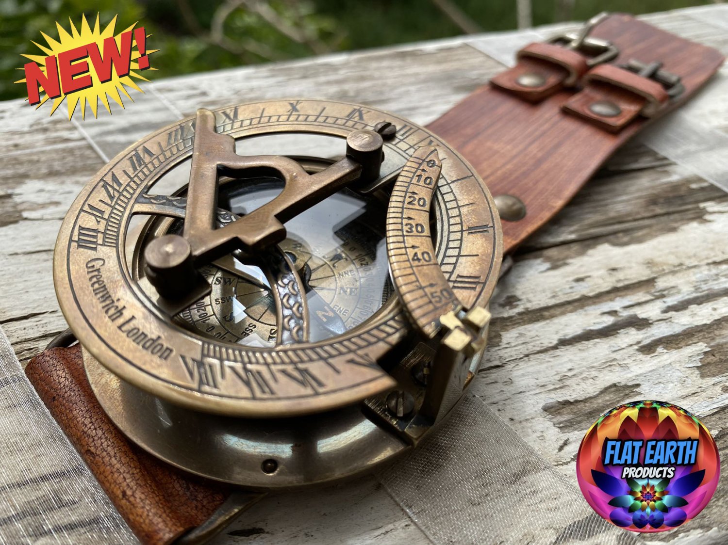 Vintage Sundial Clock Wristwatch Compass Leather Nautical Brass FLAT EARTH Map Steampunk Handmade