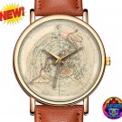 Philippe Buaches Flat Earth Map Wristwatch Brown Band 1730 World Realm Unisex Quartz Watch Art Gift