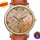Vintage Piri Reis Flat Earth Map Wristwatch Brown Band Ottoman Empire 1513 Arabic World Watch Gifts