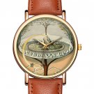 Yggdrasill Wristwatch Flat Earth Map Brown Band 1859 Mundane Tree in Norse Mythology Watch Art Gift