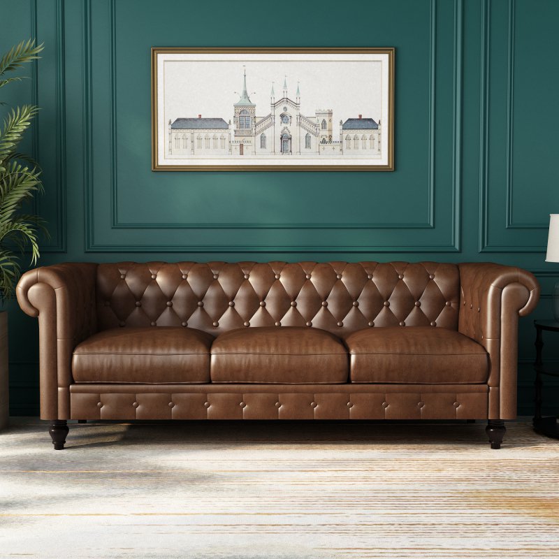 88 Inch Button Tufted Chesterfield Sofa Sectional Sofa PU Upholstered 3 Seater Couch Rolled Arm