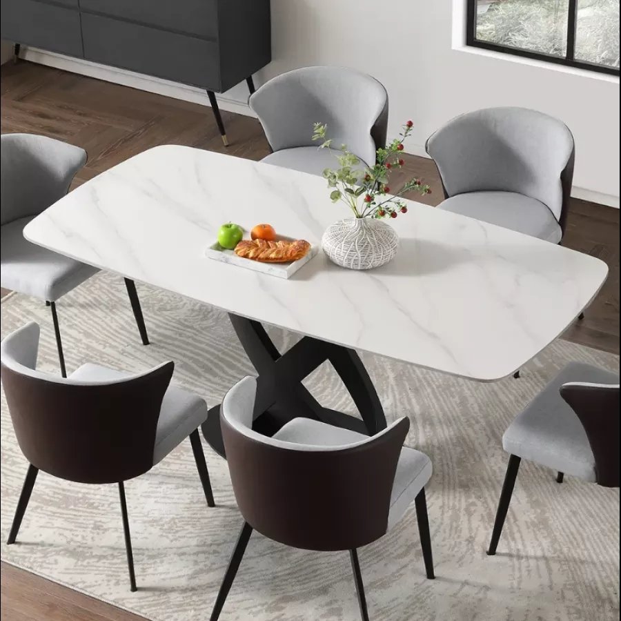 Modern Dining Table, Sintered Stone Tabletop Dining Room Table for Up To 8, Solid Black Carbon Steel