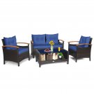 4PCS Patio Rattan Furniture Set Cushioned Sofa Storage Table Navy