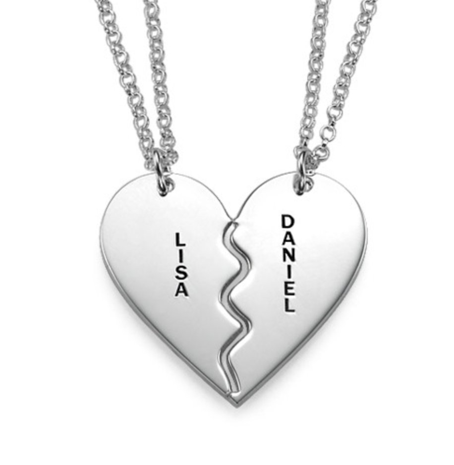 STERLING SILVER BREAKABLE HALF HEART NECKLACE SET WITH CUSTOMIZATION