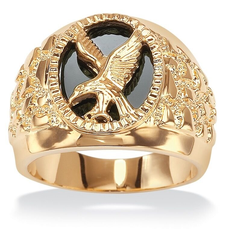 18K GOLD OVER STERLING SILVER EAGLE ONYX RING SIZE 8 9 10 11 12 13
